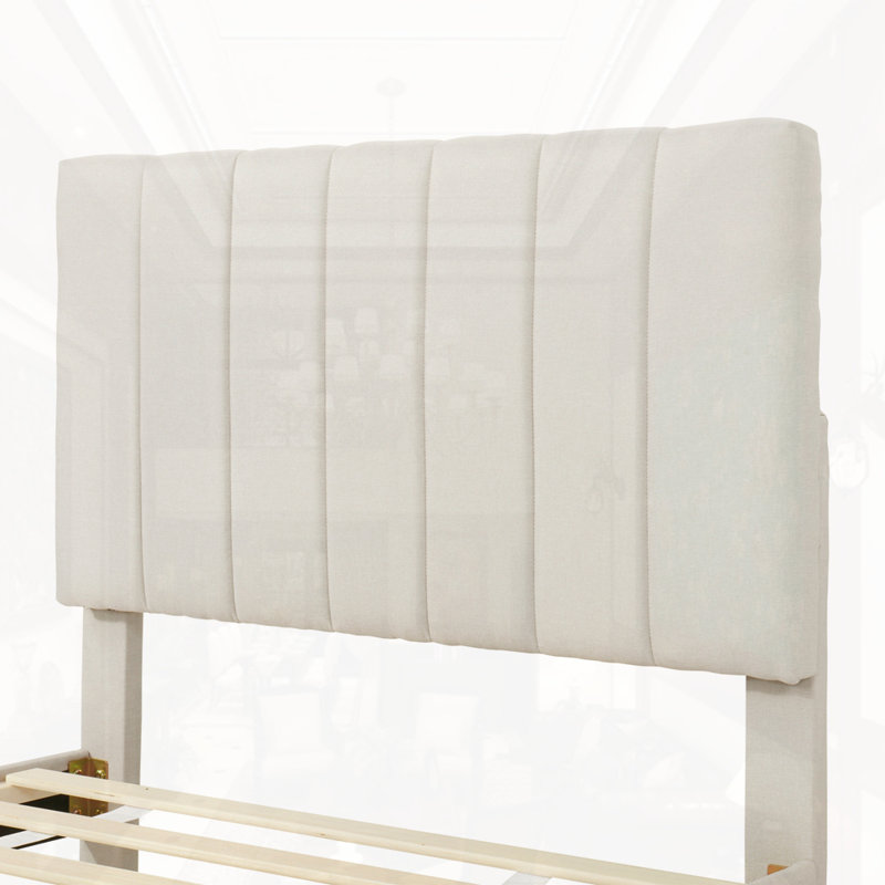 Lit plateforme tapissier simple avec lit gigogne et tiroirs, Beige