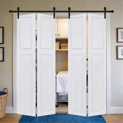 2 panneaux pliables de 96 po x 64 po Porte de grange coulissante en bois de noyer blanc avec ensemble de quincaillerie