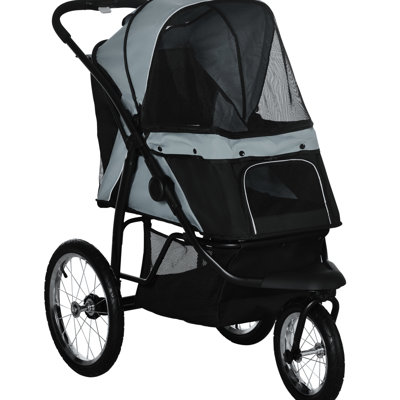 Small To Medium Dog Stroller With 3 Big Wheels, Foldable Structure, Adjustable Sunshade, Tie-Down, Storage Box, Gray For & Dogs, Leash, Bin,