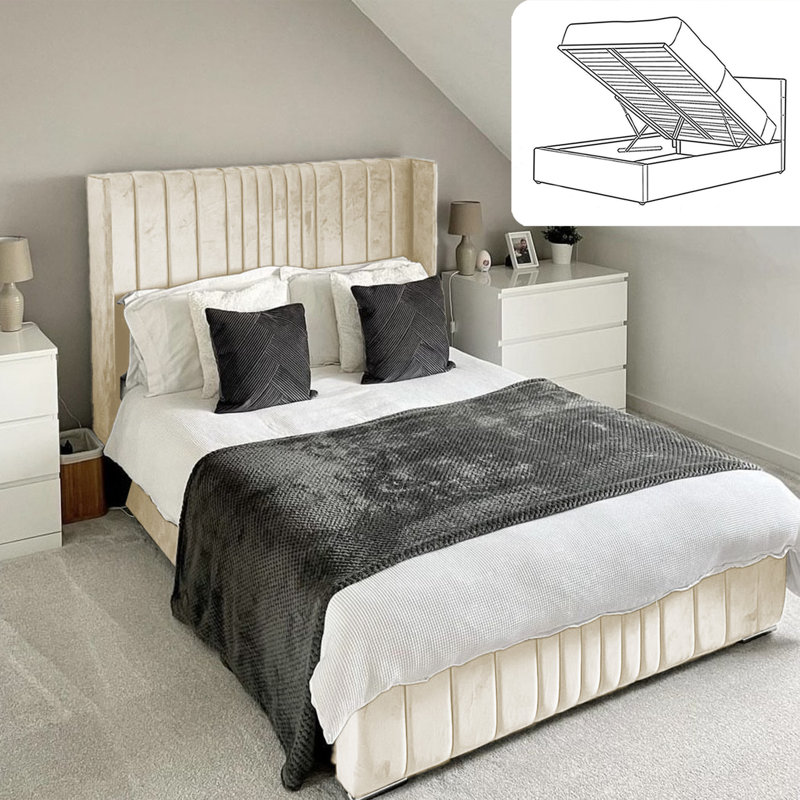 Vista Wingback Ottoman Storage Bed - Plush Velvet Gas Lift Bed Frame with Headboard, Single (3'), Cream