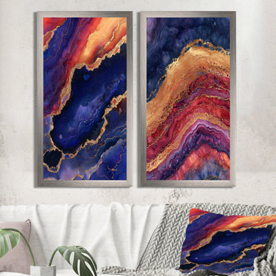 Blue Gold Drifting Glow of Agate I - Traditional Landscapes Wall Decor Set of 2