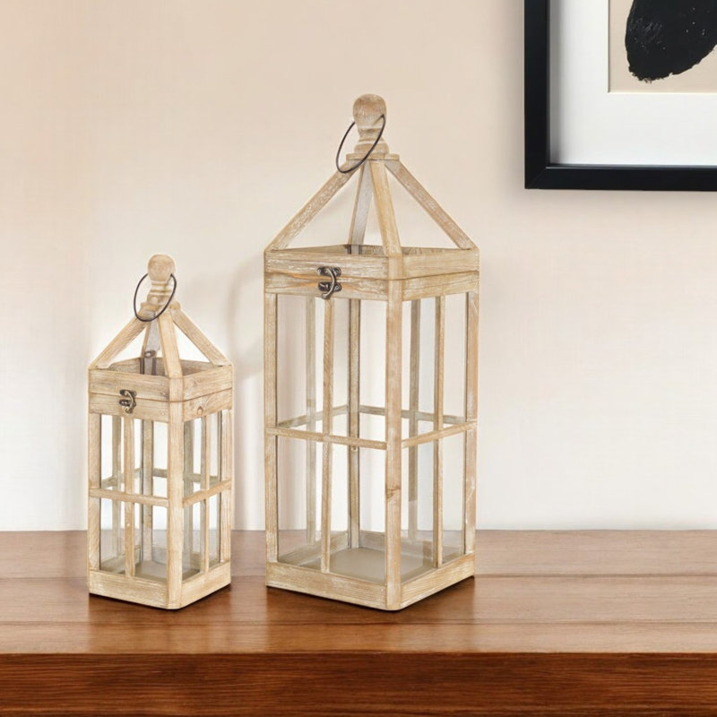 Ensemble de deux bougeoirs de lanterne de plancher en bois et verre naturel et transparent