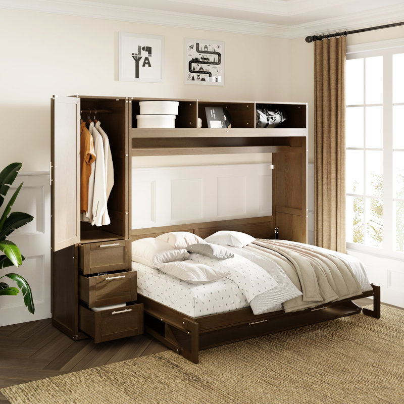 Lit avec garde-robe en bois antique, tiroirs et rangement ouvert