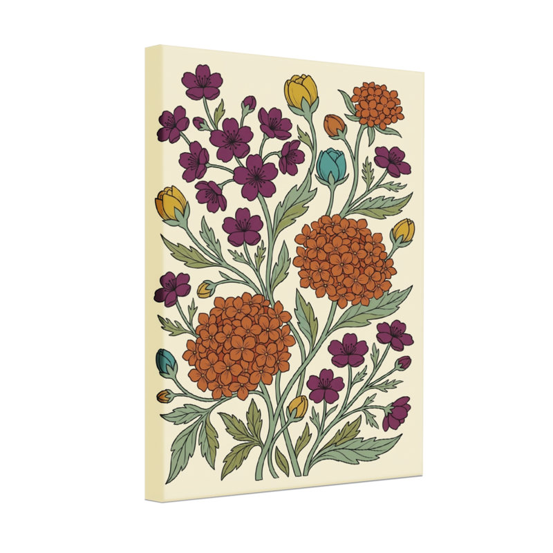 Motif floral de plantes et de fleurs avec des fleurs mauves et oranges, H 36 po x l 24 po