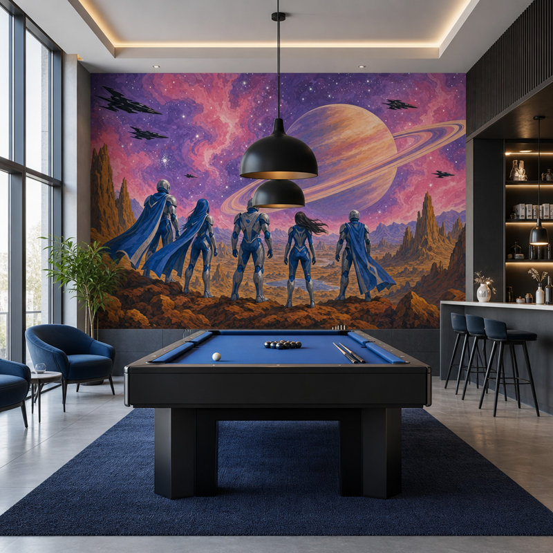Papier peint Planète à anneaux, paysage extraterrestre de science-fiction, murale, 100"x96", Non-Woven Nonpasted