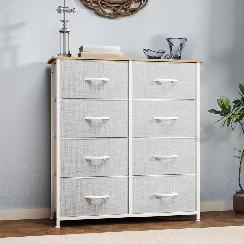 Commode 8 tiroirs en tissu avec plateau en bois et structure en métal pour le rangement de la chambre à coucher, Brun