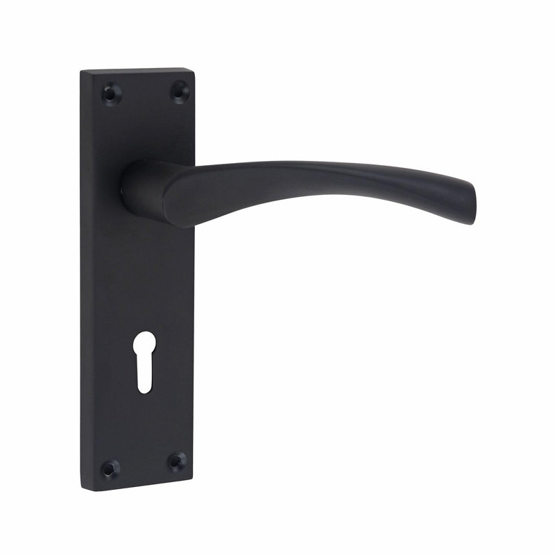  1 Set Victorian Scroll Astrid Door Handles Lever Lock in Matt Black with 64mm 3 Lever Lock - 150mm x 40mm Backplate
