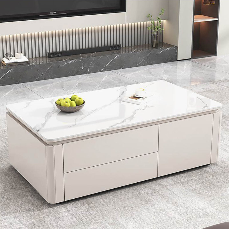 Modern simple rock plate coffee table, White, 19.7" H x 47.2" L x 25.6" W