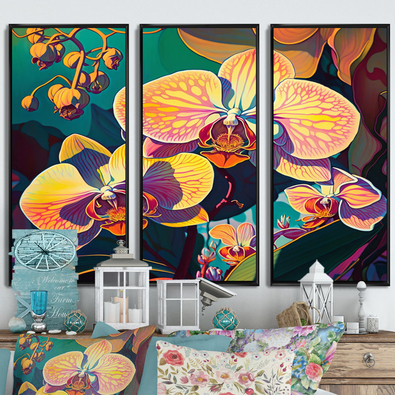 «Blossoming Orchid In Bright Retro Colors V», reproduction sur toile 3 pièces, Toile encadrée noire