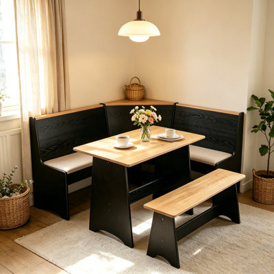 Ensemble de coin-repas en forme de L 3 pièces avec banc de rangement, ensemble de table de coin moderne avec rangement caché, mobilier de salle à manger pour petits espaces, appartement et maison, ensemble de 3 pièces en bois naturel et noir