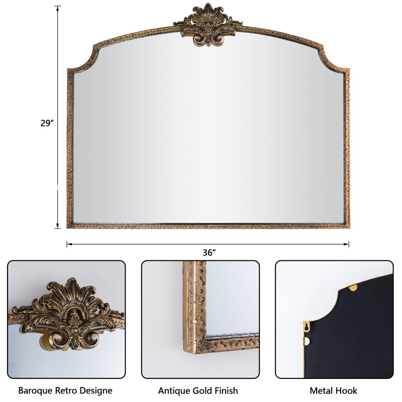 Lindon Arched Iron Wall Mirror, 29" x 36", Antique Gold