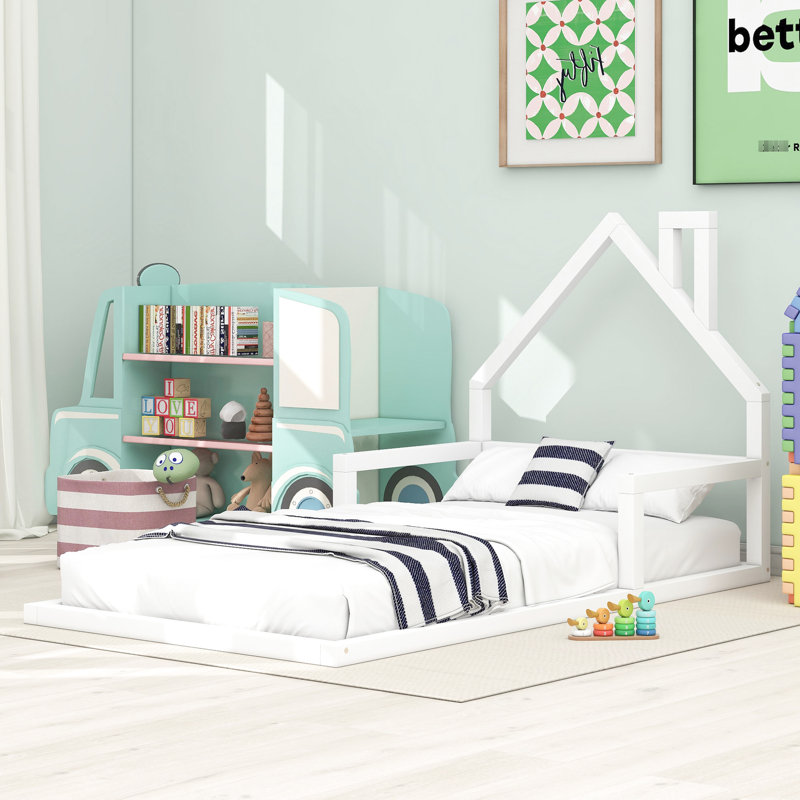 Élégant lit simple blanc avec tête de lit en forme de maison - Espace chambre à coucher hypnotisant en bois massif + structure, contemporain