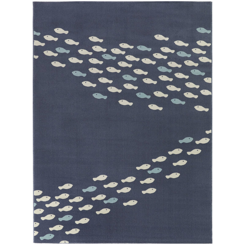 Tapis bleu marine / bleu / crème tissé à la machine Crowborough, Rectangle 5 pi 3 po x 7 pi
