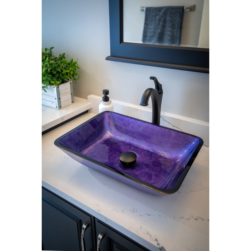 Lavabo de salle de bain rectangulaire en verre mauve peint à la main