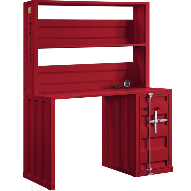 Bureau d'écriture à finition rouge de style industriel avec huche, structure en métal et nombreuses solutions de rangement