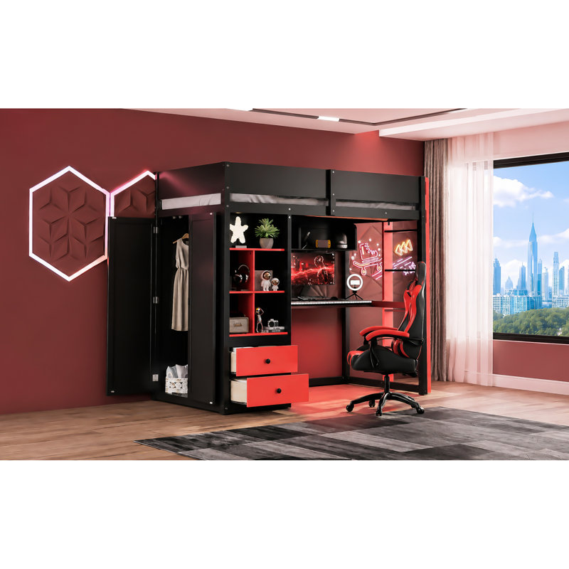 Lits multifonctionnels avec rangement, lit simple en bois aggloméré moderne pour la maison, Noir; rouge