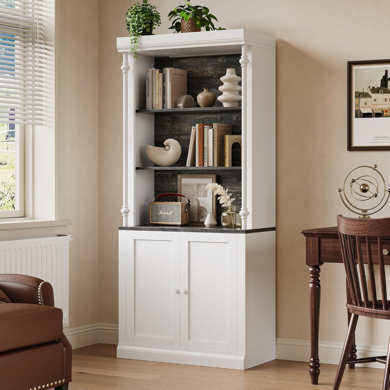 5 Tier Adjustable Bookcase with LED Lights, Roman Column Bookshelf, Open Shelves & Dual-Door Storage Cabinet