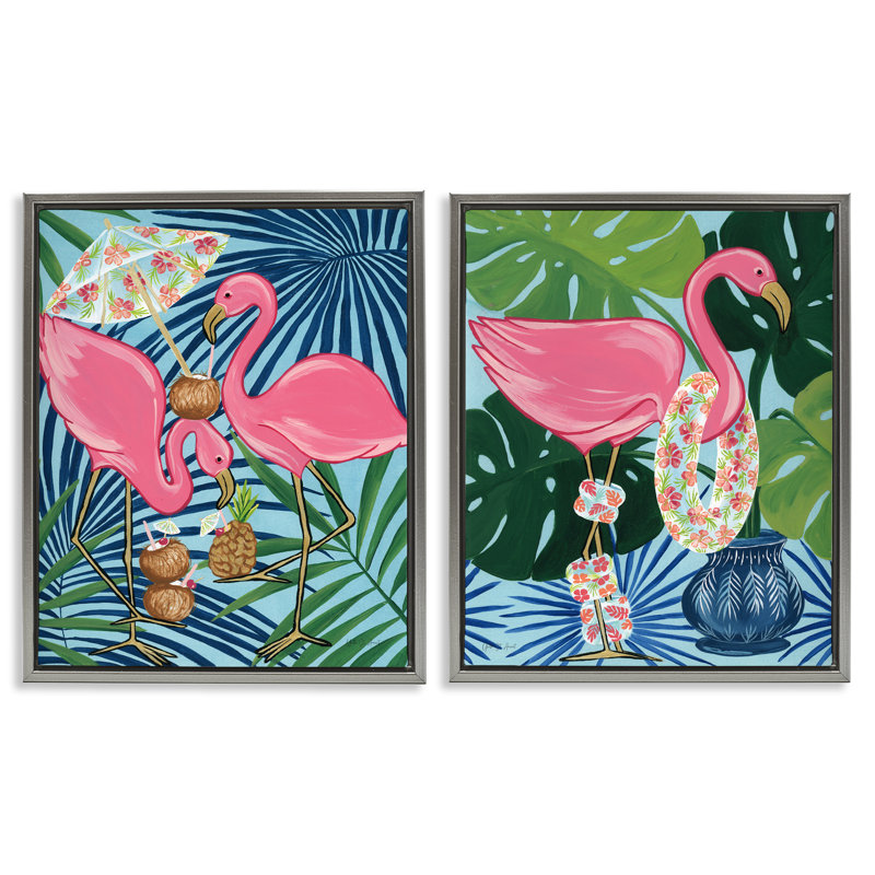  «Happy Hour Flameos», ensemble de 2 toiles flottantes encadrées par Yvette St. Amant, Cadre flottant gris lustré