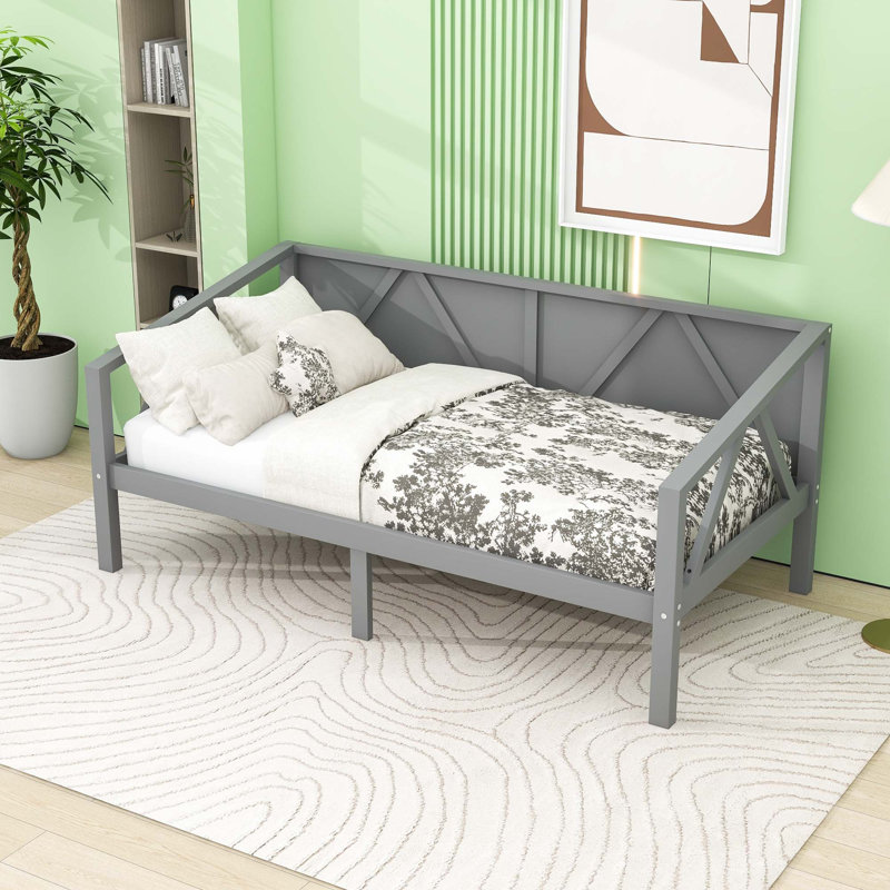 Lit de jour en bois au design multifonctionnel, structure robuste et espace de rangement, gris, Simple
