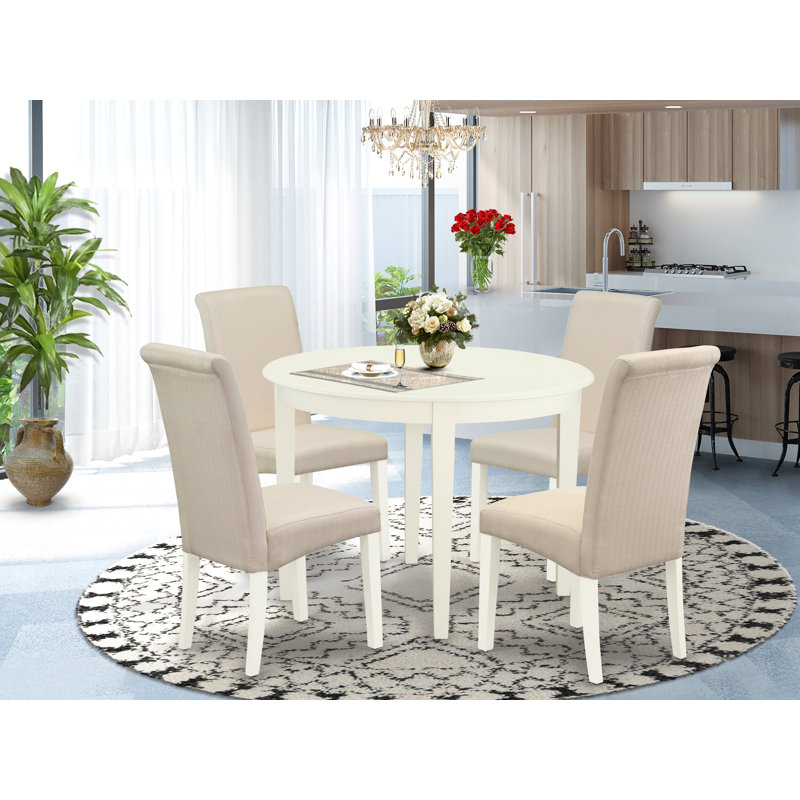 5 Piece Modern Dining Table Set Includes a Round Kitchen Table and 4 Cream Linen Fabric Parsons Dining Chairs, 42x42 Inch, Linen White