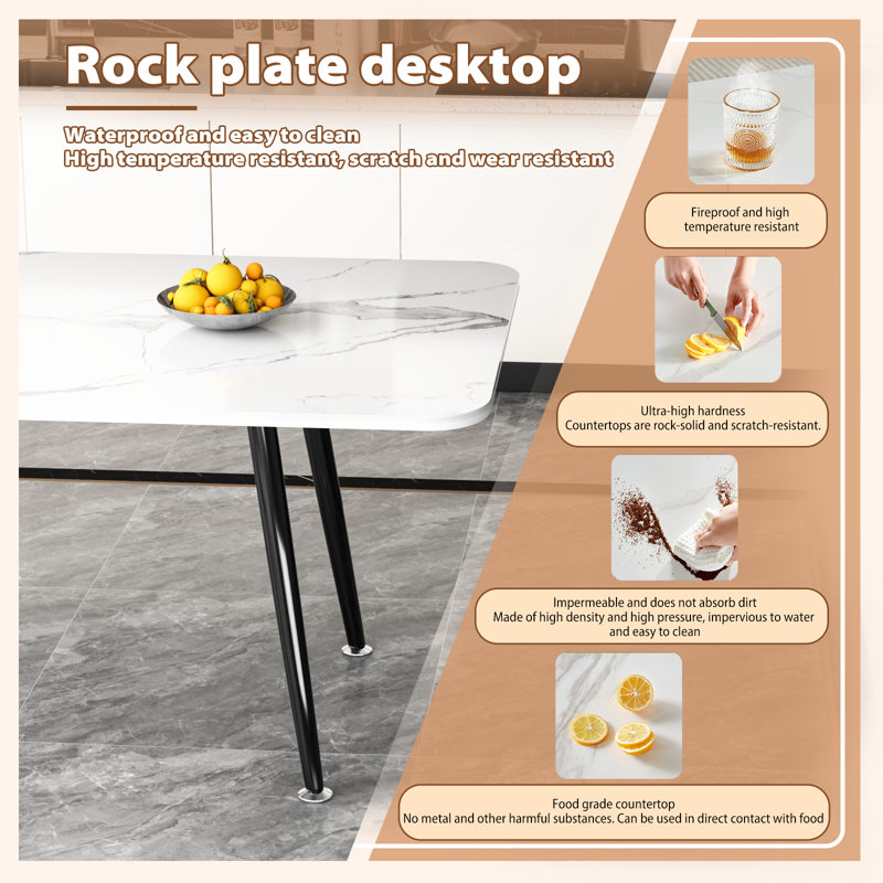 Furiphe Modern Sintered Stone Dining Table for 4 to 6, White Rectangular Kitchen Table, 29.5" H x 63" L x 32" W