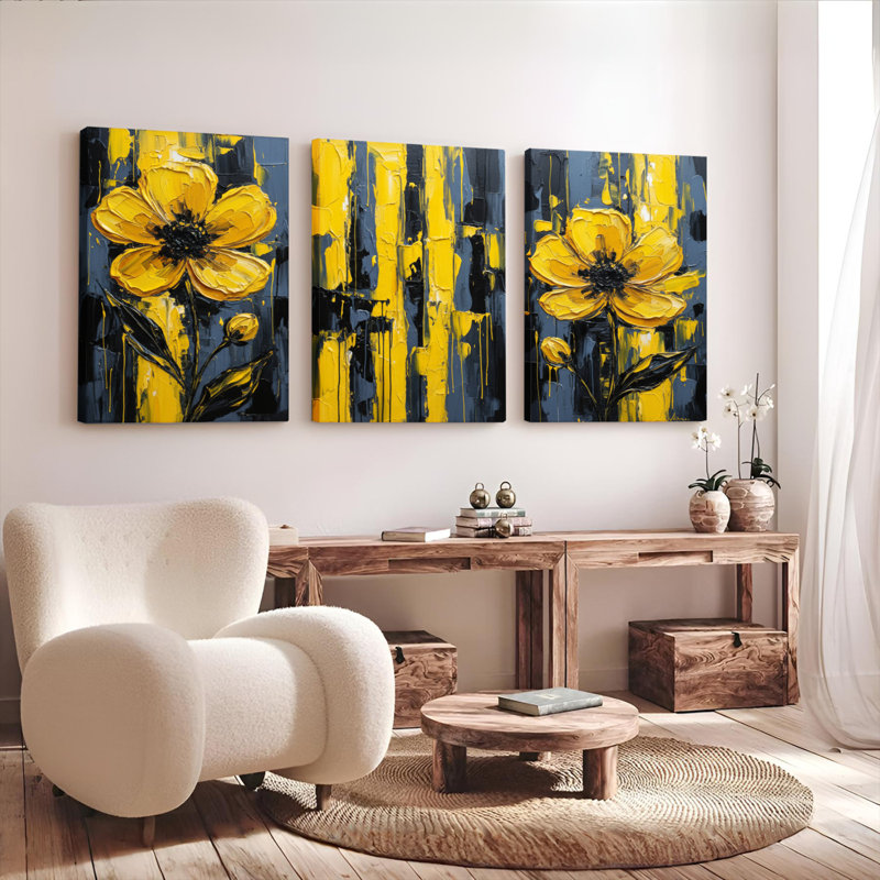 Ensemble de 3 tableaux abstraits floraux à motif de coquelicots jaunes sur toile tendue, H 24 po x l 48 po