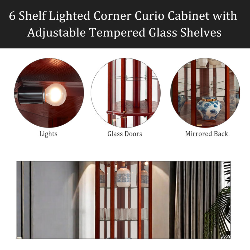 Elegant Corner Curio Cabinet With Tempered Glass Doors, Adjustable Shelves & Cherry/Oak Finish For Display - On Sale - Bed Bath & Beyond - 42157861