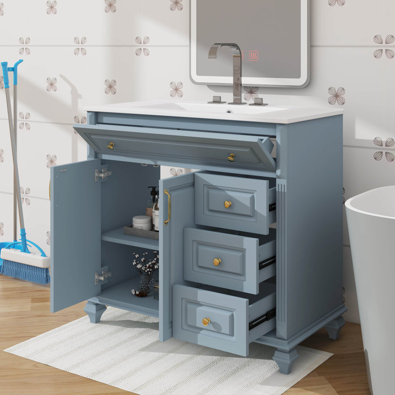 Meuble-lavabo 36 po avec lavabo 36 po - Comprend un tiroir rabattable, 3 tiroirs et 2 portes, un rangement moderne