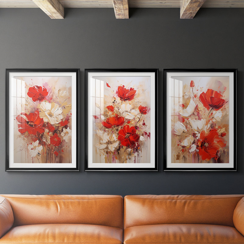 FLORAL Series CCCXXVI  -Custom Framed  Premium Print W Matt - 3 Pieces, Black, 21" H x 30" W