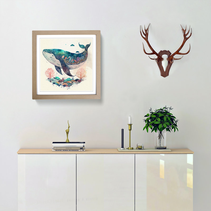 Whale Boho No.1 - Single Picture Frame Print on Wood, Oak