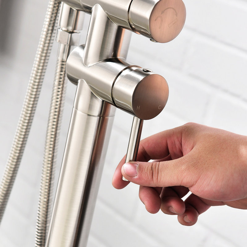 Robinet de baignoire autoportant avec douche à main, base haute stabilité, fixation au sol en nickel brossé à poignée simple, tuyau de 59 po, finition