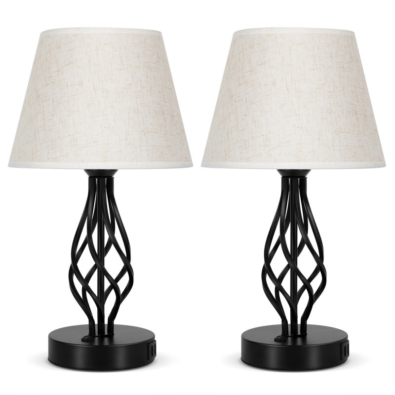 Metal Dual USB Table Lamp with AC Outlet, Linen