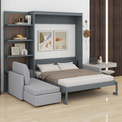Grand lit escamotable mural avec canapé et tablettes, conception compacte pour petits appartements et studios