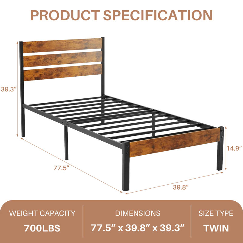 Platform Bed Frame with Wood Headboard and Footboard No Box Spring Needed, Twin