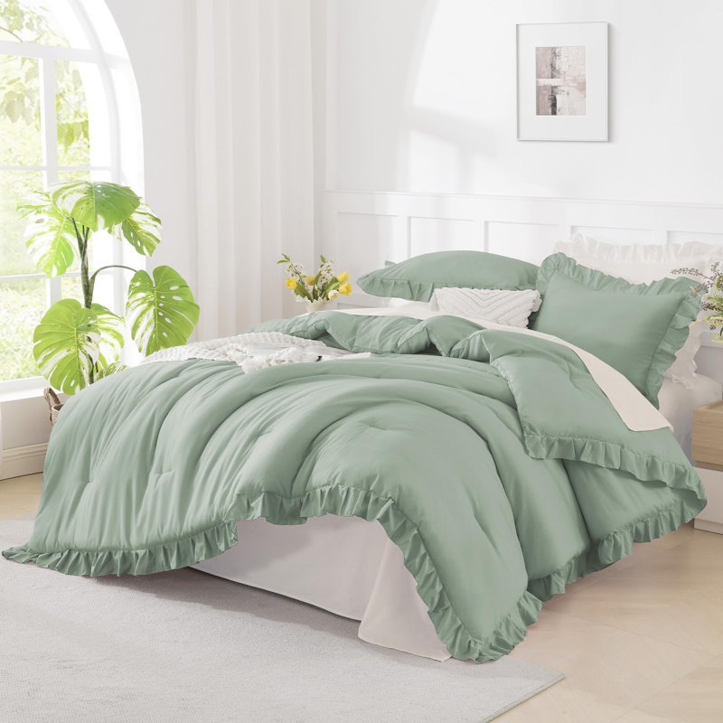 Andency Sage Green Comforter Set Full, 3 Pieces Lightweight Soft Ruffle Bed Comforter, Farmhouse Rustic Fluffy Microfiber Down Alternative Bedding Set (79x90Inch Comforter)