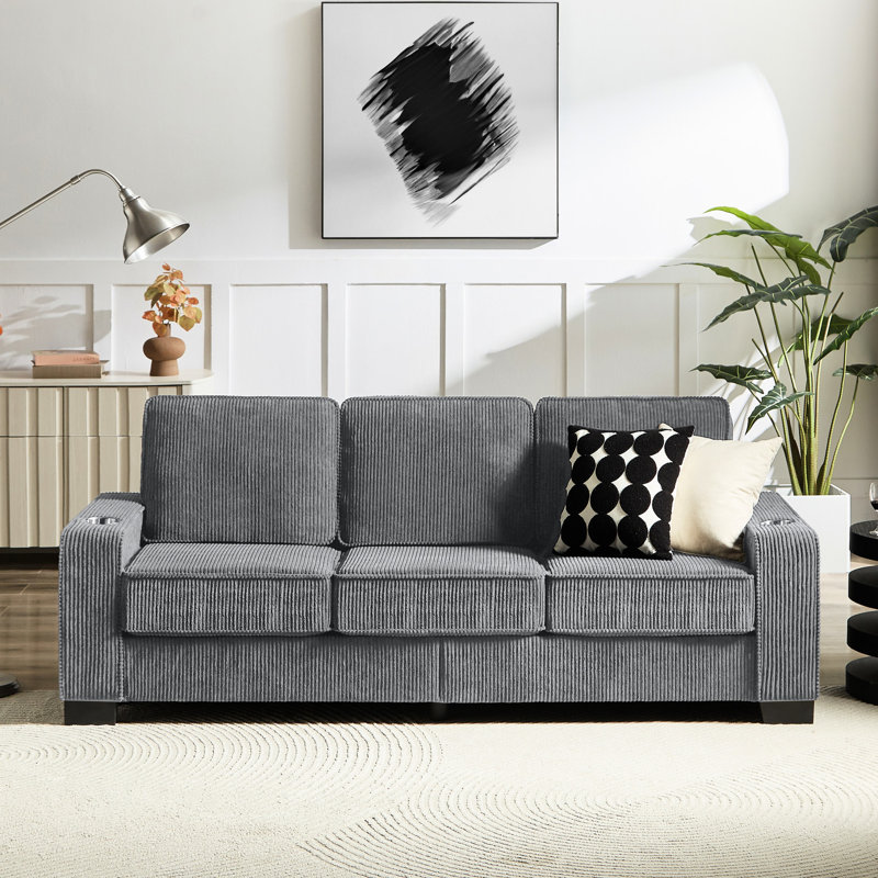 83,86 po Corduroy 3 - canapé moderne gris comprimé avec porte-gobelets pour la maison salon, chambre à coucher, chambre de bureau