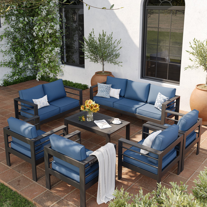Braecona 9-Person Outdoor Seating Set With Cushions, Dark Gray Frame/Blue Cushion