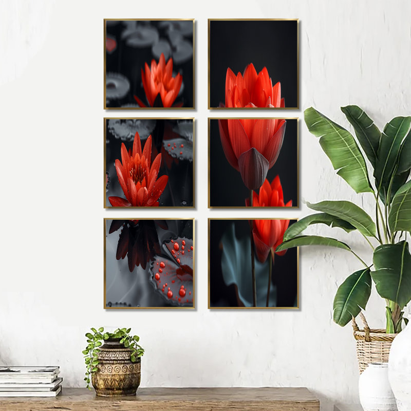 «Romantic Red Monocrhome Lotus Pond», ensemble d'art mural lotus de 6, Impression encadrée sans passe-partout, Doré