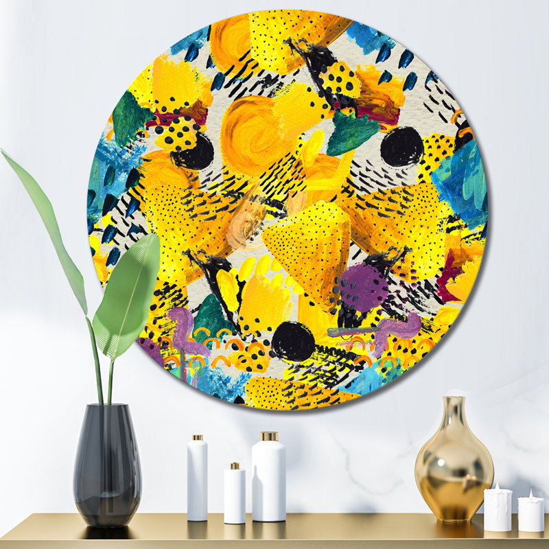 Jaune et bleu, impression colorée - Cercle en métal à motifs, art mural, H 11 po x l 11 po