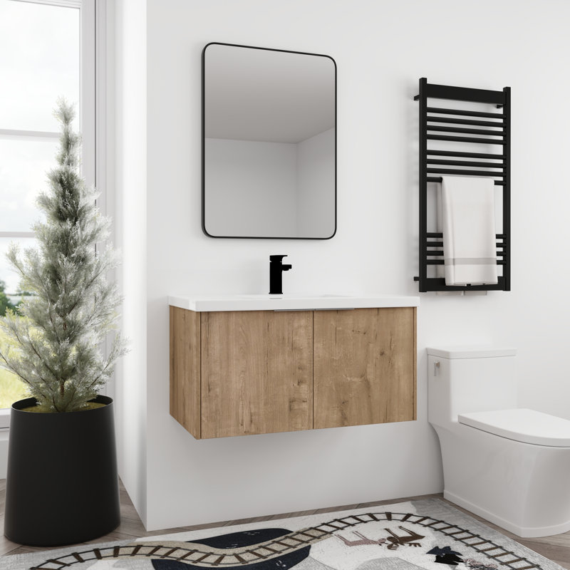 Meuble-lavabo mural simple 36 po avec plateau en résine, Imitation chêne