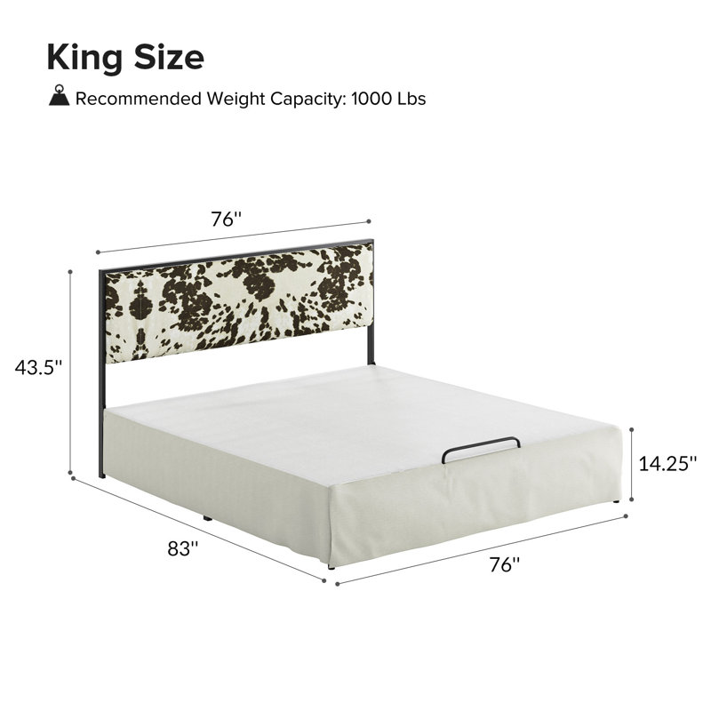 Neilius Upholstered Platform Bed with Washable Slipcover, King, Pattern Cowhide