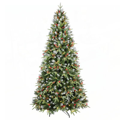 7FT Christmas Tree with 450 Warm White LED Lights, 2178 Snow-Tipped Branches, Red Berries, Pine Cones, and Hinged Design for Easy Setup