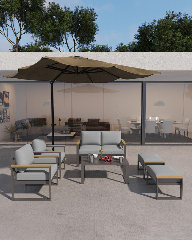 Causeuse en aluminium avec table basse, gris - Ensemble d'extérieur résistant aux intempéries pour patio, balcon ou terrasse