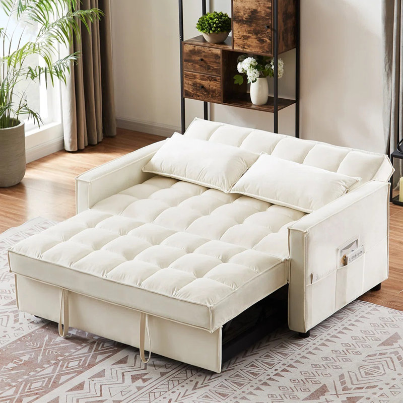 Canapé-lit convertible en velours Ledjona, Velours beige