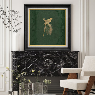 Vintage Gold Parrot on Dark Green Ornamental Background - Pictures Framed Paper Print Wall Art