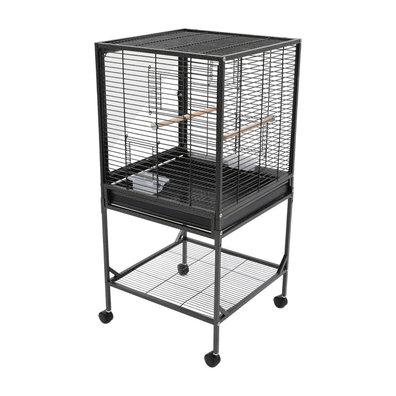 Cage à oiseaux en métal avec tablette de rangement et 4 roues universelles, grande cage mobile pour 2 ou 3 oiseaux, Noir