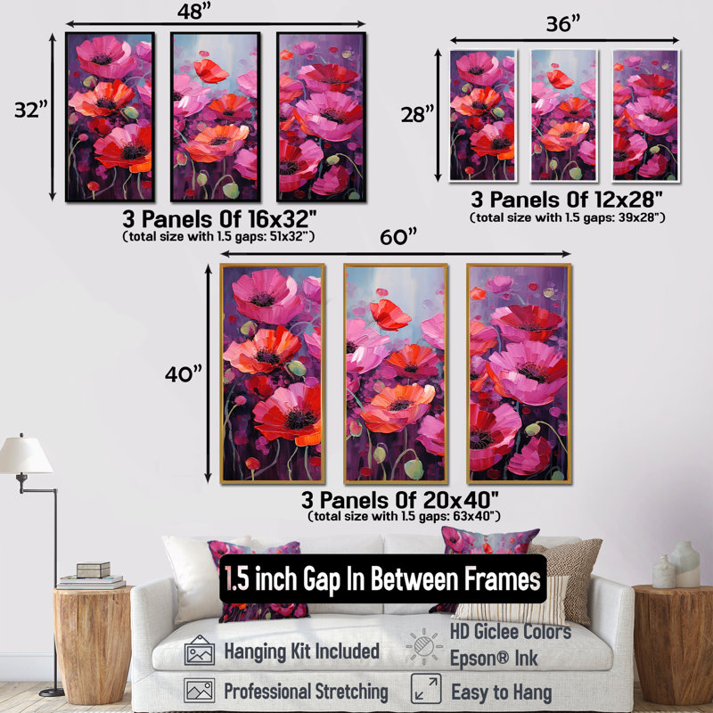 Magenta Poppy Fields Magic - Poppies, ensemble d'art sur toile, Cadre flottant doré, H 40 po x l 60 po x P 1 po