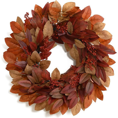 Rustic Autumn Brown Fall Wreath with Artificial Leaves and Red Berry Accents, Farmhouse Thanksgiving Harvest Decor for Front Door, Wall, Porch, Indoor and Outdoor Seasonal Home Decoration