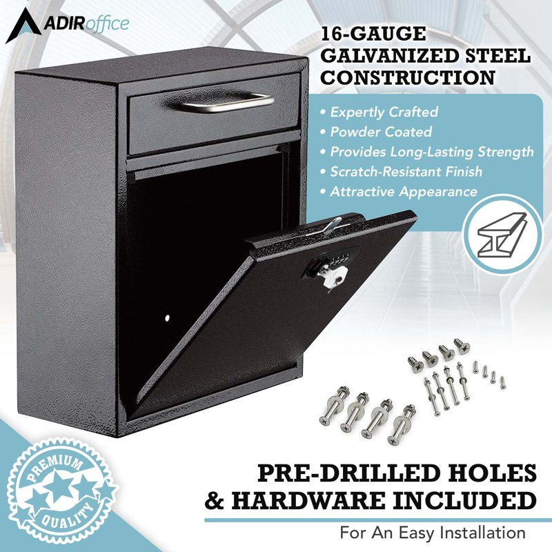 Medium Drop Box Wall Mounted Locking Mailbox With Key And Combination Lock, 12" H x 10.4" W x 4.5" D, Black