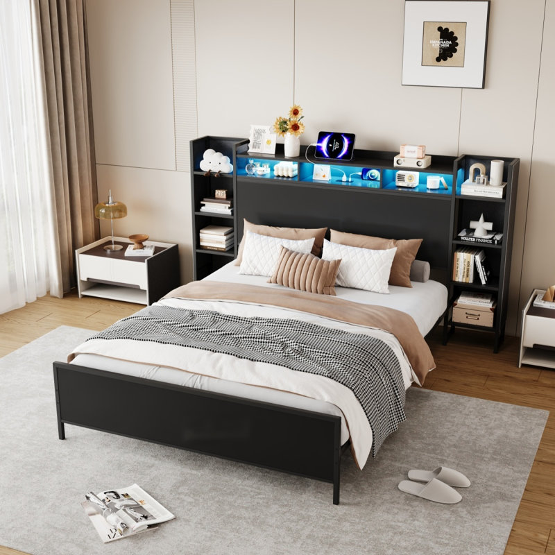 Cadre de lit pour grand lit avec station de charge USB, tête de lit avec rangement et base de lit plateforme en métal robuste à lumière DEL, sans sommier tapissier, noir